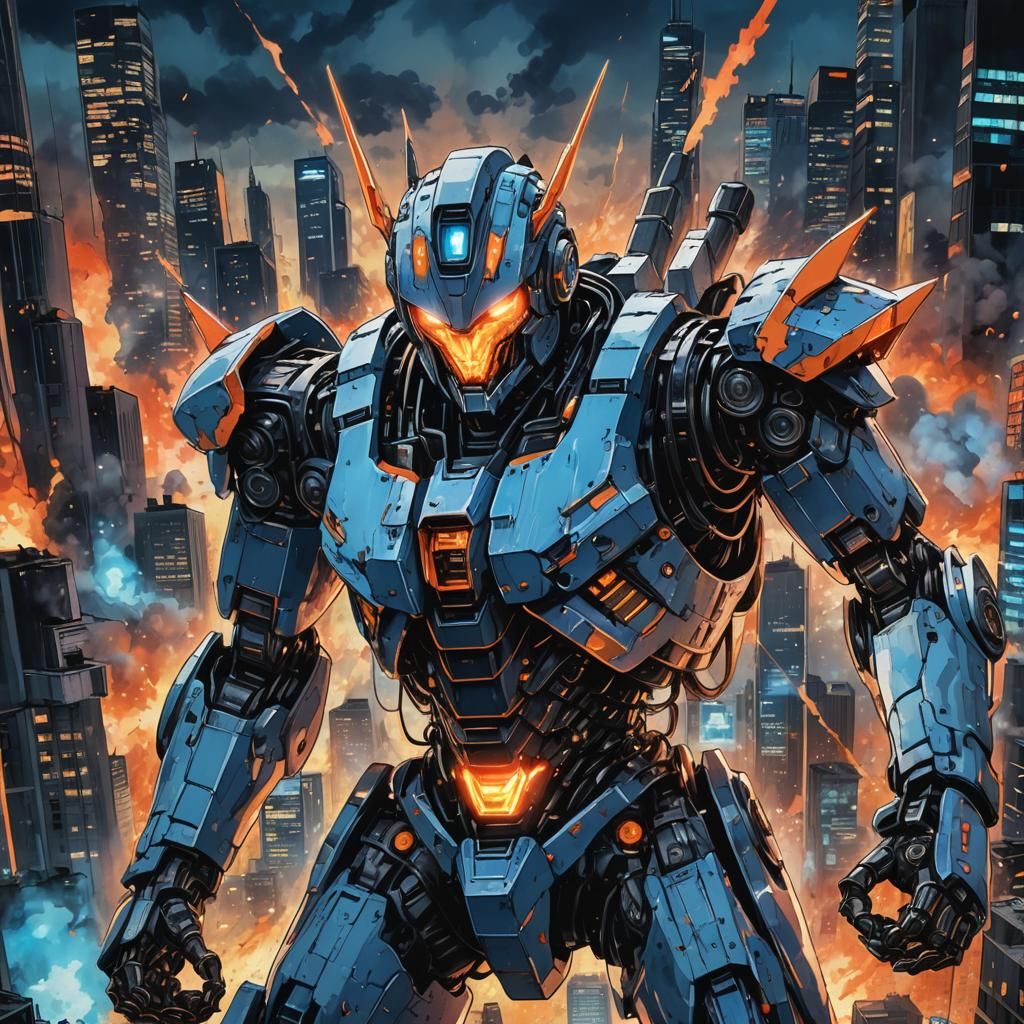 Towering Manga Robot Lights Up Destroyed City