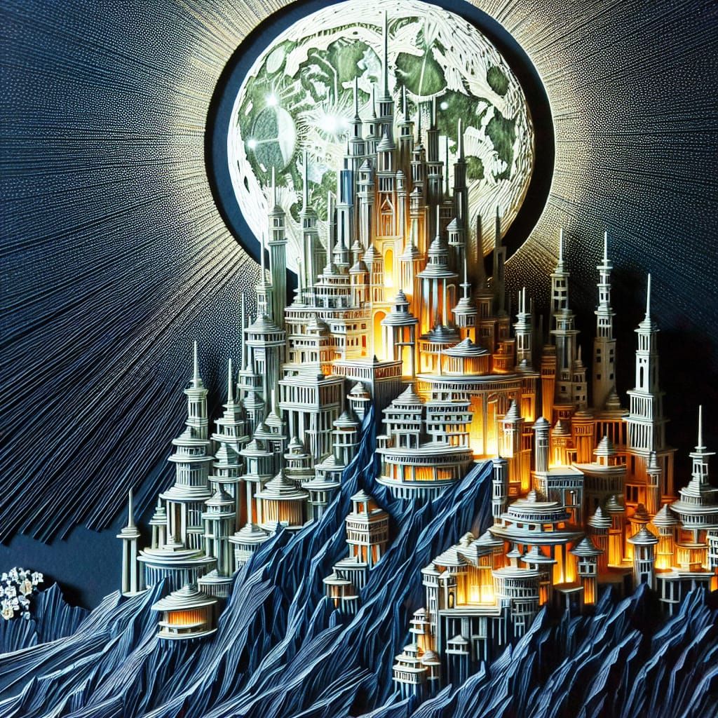 Glowing Metropolis on a Hill: Embossed Paper Tole Art