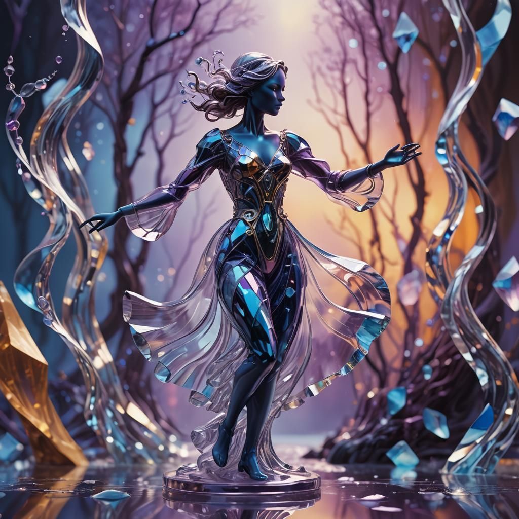 Glass Woman Figurine Dances in Dreamlike Art Nouveau