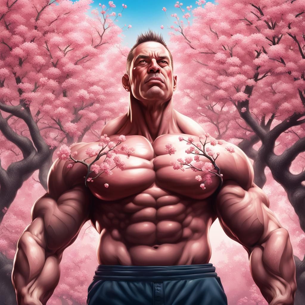 Hyperrealistic Bodybuilder in Cherry Blossom Forest