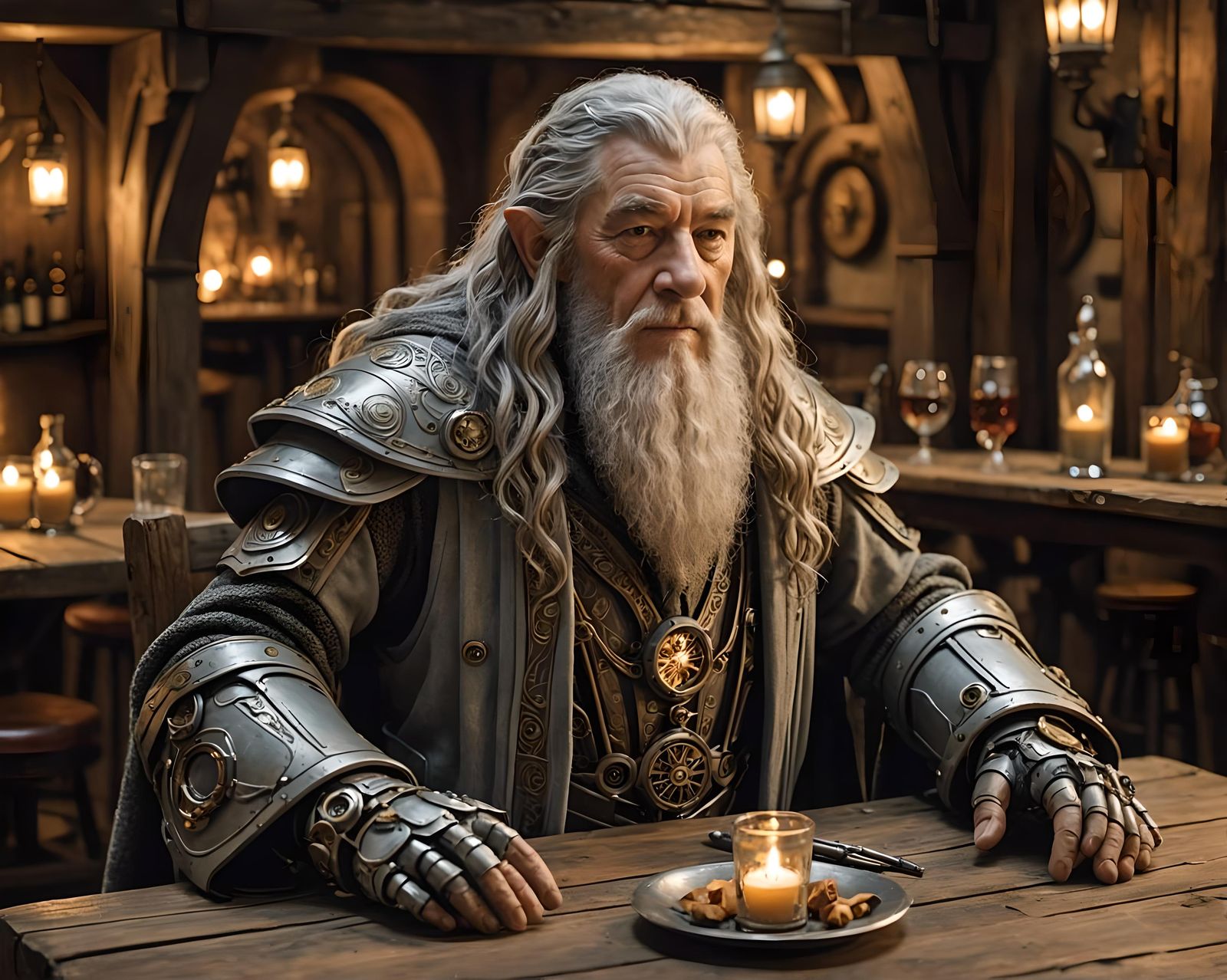 Robotic Gandalf in Tavern: Firelight Atmosphere