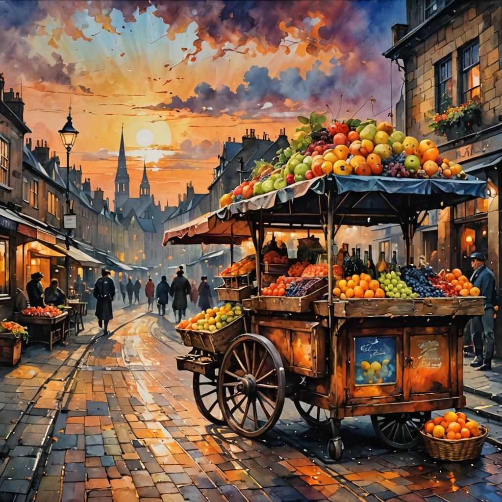 Close up fruit cart in a Dickensian steet sunset by Thomas W...