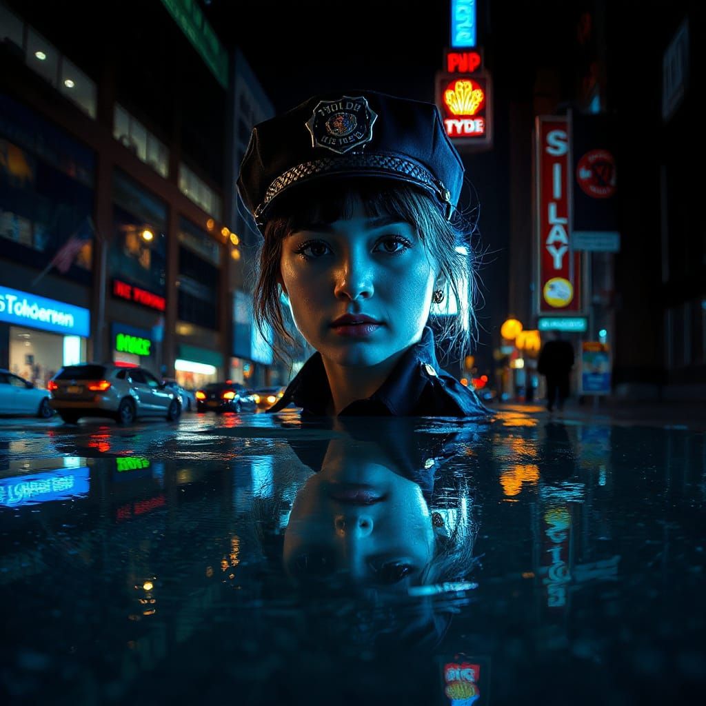 double exposure portrait, closeup female NYPD police officer emerging from new york street,  featuring...