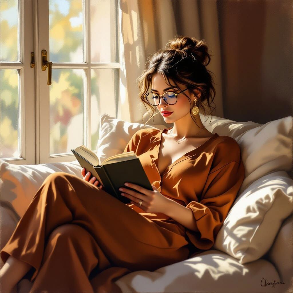 Woman Reading on Chaz Lounge in Warm Dappled Light