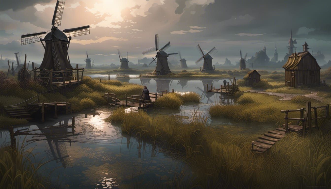 Dark Fantasy Windmills in a Dutch Landscape