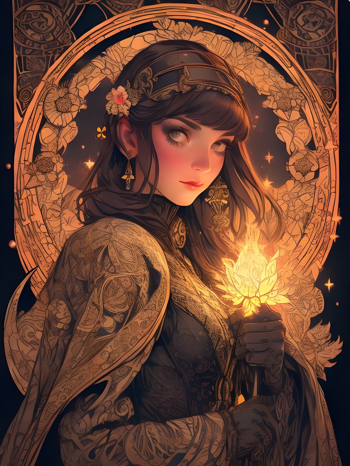 Angry Girl Casting Magic in Art Nouveau Style