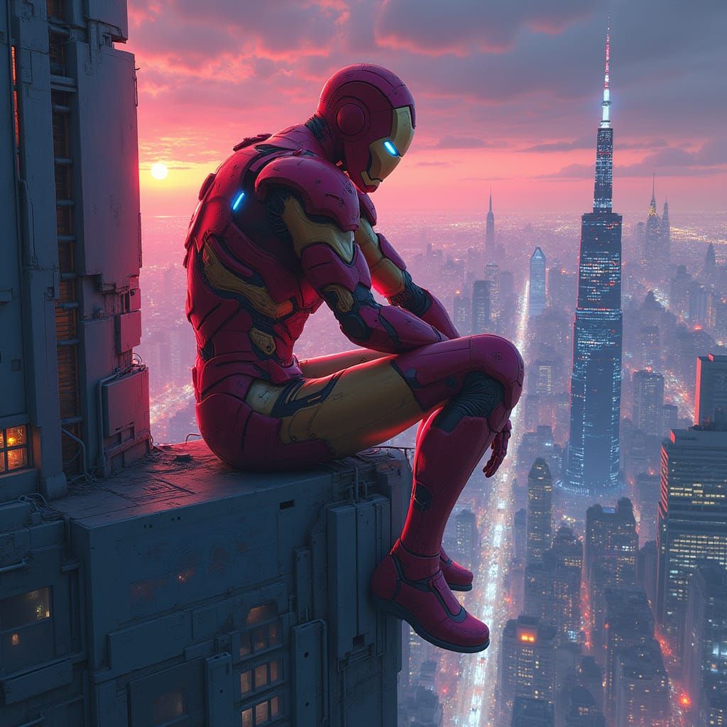 Iron Spider Hero Soars Above Futuristic Metropolis