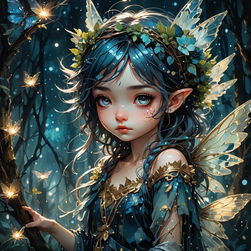 Chibi Fairy Girl in Indigo Night, Digital Art