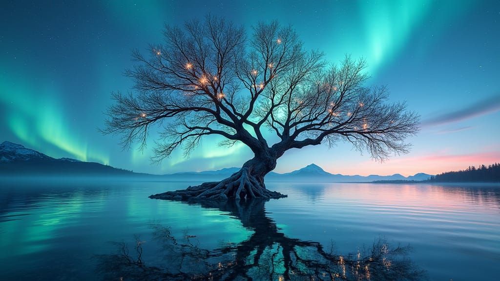 Mystical Mirror Tree Reflecting Aurora Borealis