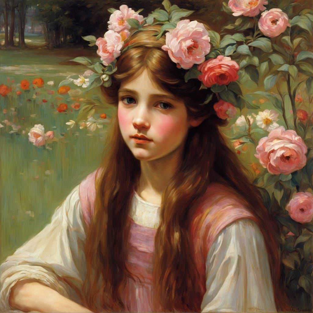 Sweet Girl with Blush in Pre-Raphaelite Style