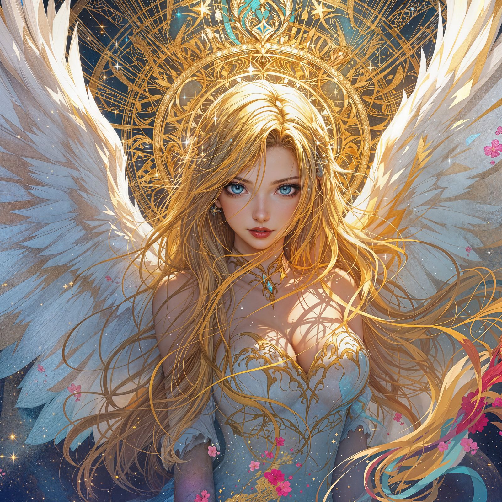 Beautiful Anime Angel with Golden Hair and Wings