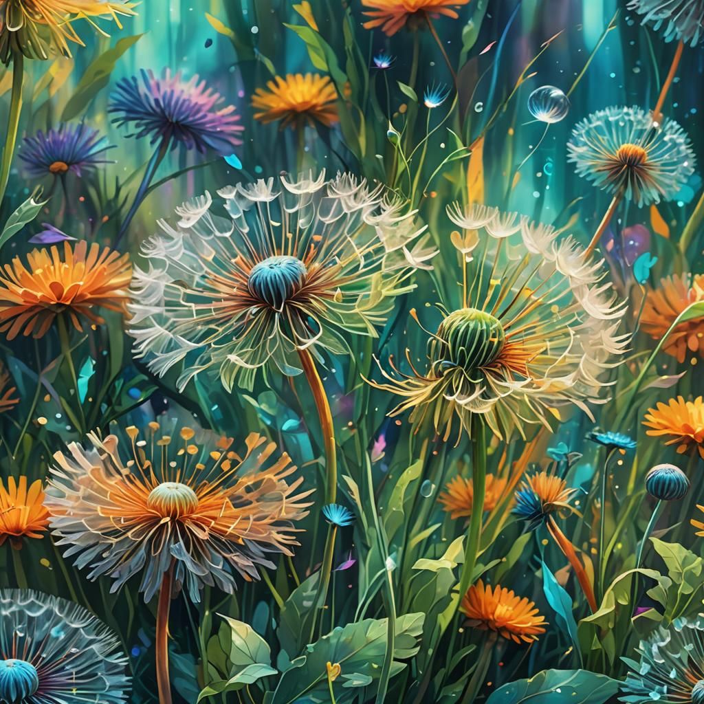 Rainbow Dandelion in Magical Garden: Fantasy Concept Art