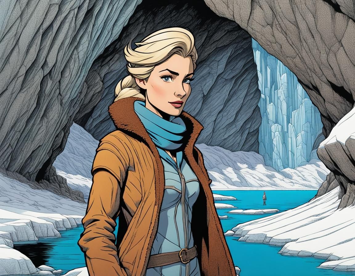 Ice-Age Character in Glacier Cave with Glitch Effects