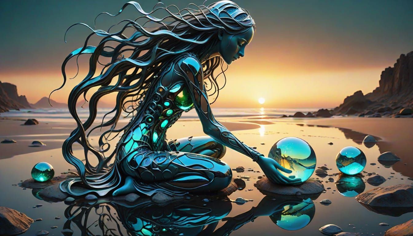 Surreal Fragmented Sculpture of Woman at Sunset