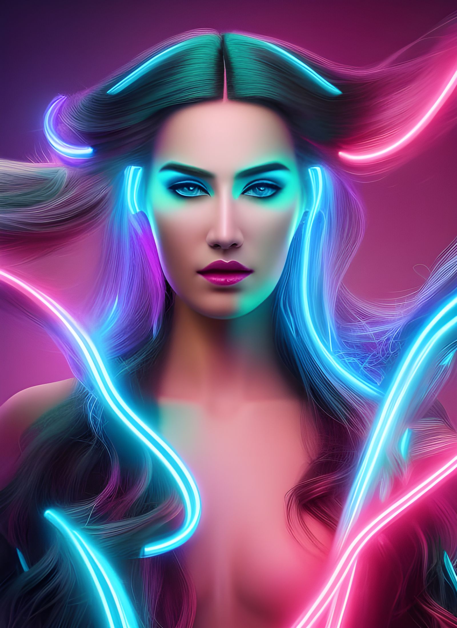 Neon Cyberpunk Goddess with Flowing Hair