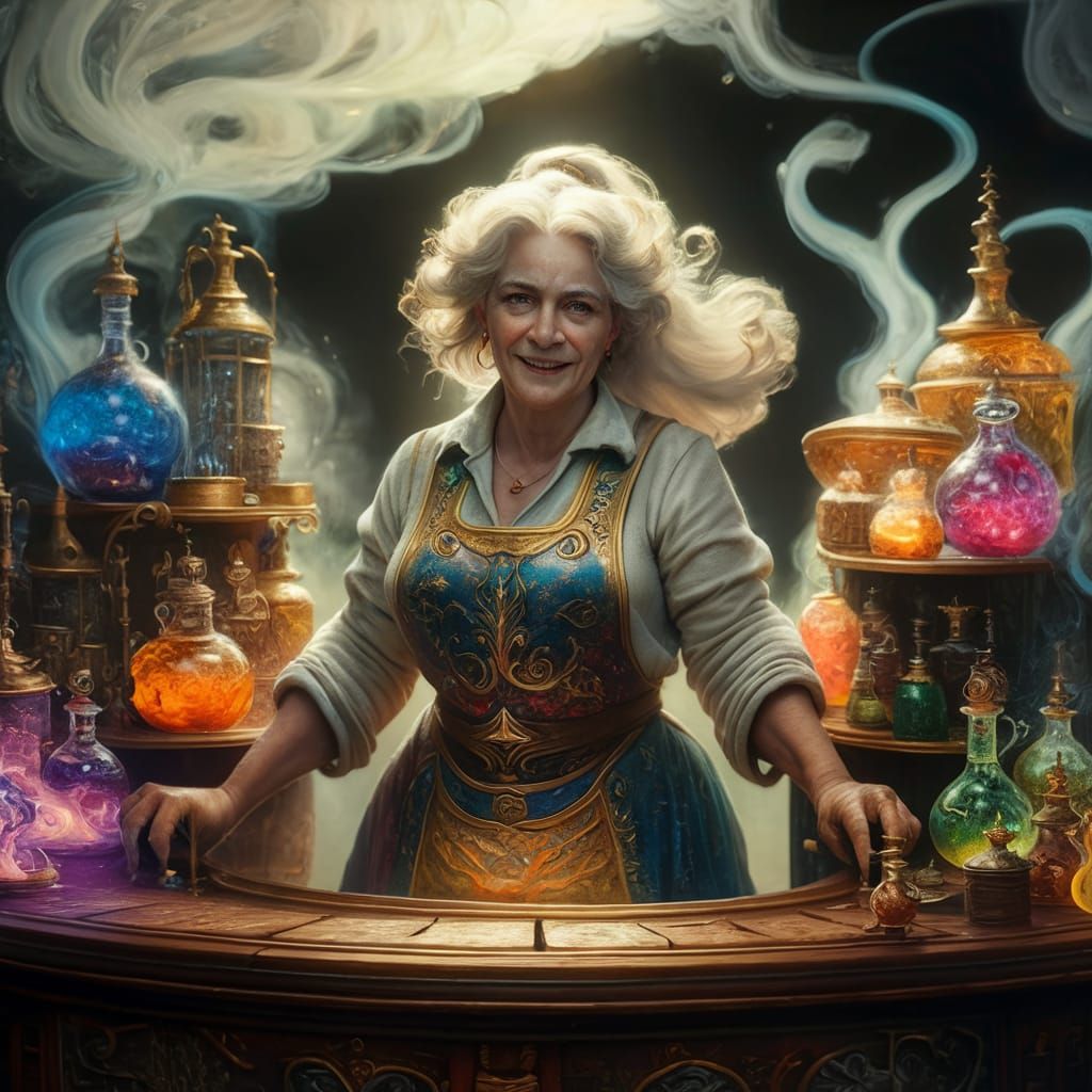 Ethereal Potion Shopkeeper in Fantasy Painting