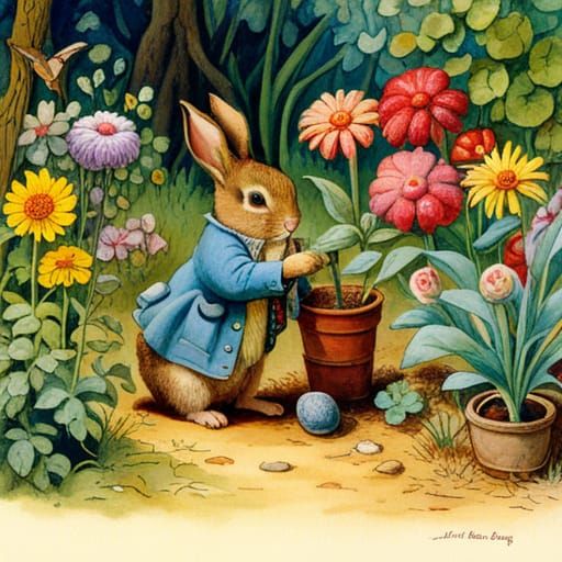 Rabbit Gardener in Storybook Illustration Style
