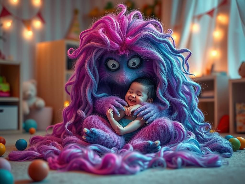 Furry Monster Cradling Baby in 4K Detail
