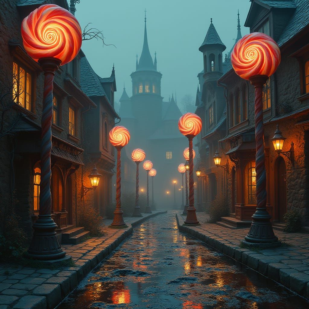 Gothic Candy Town in Dark Whimsical Horror Style