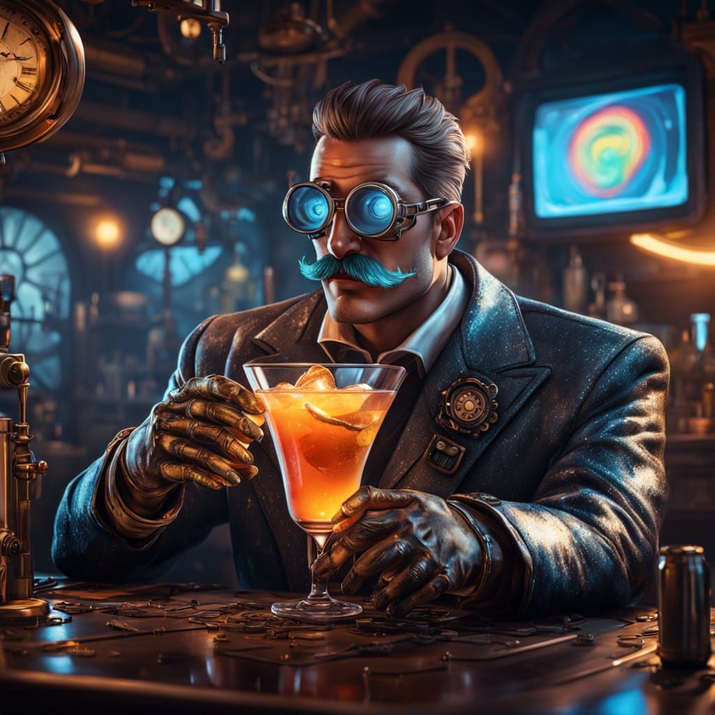 Steampunk Android Bartender Mixes a Cocktail