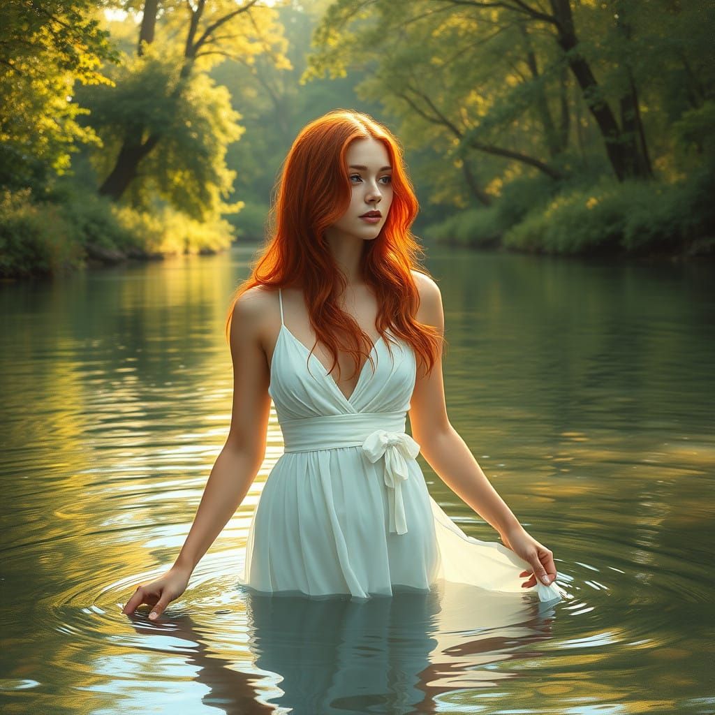 Redheaded River Siren in Elegant, Romantic Style