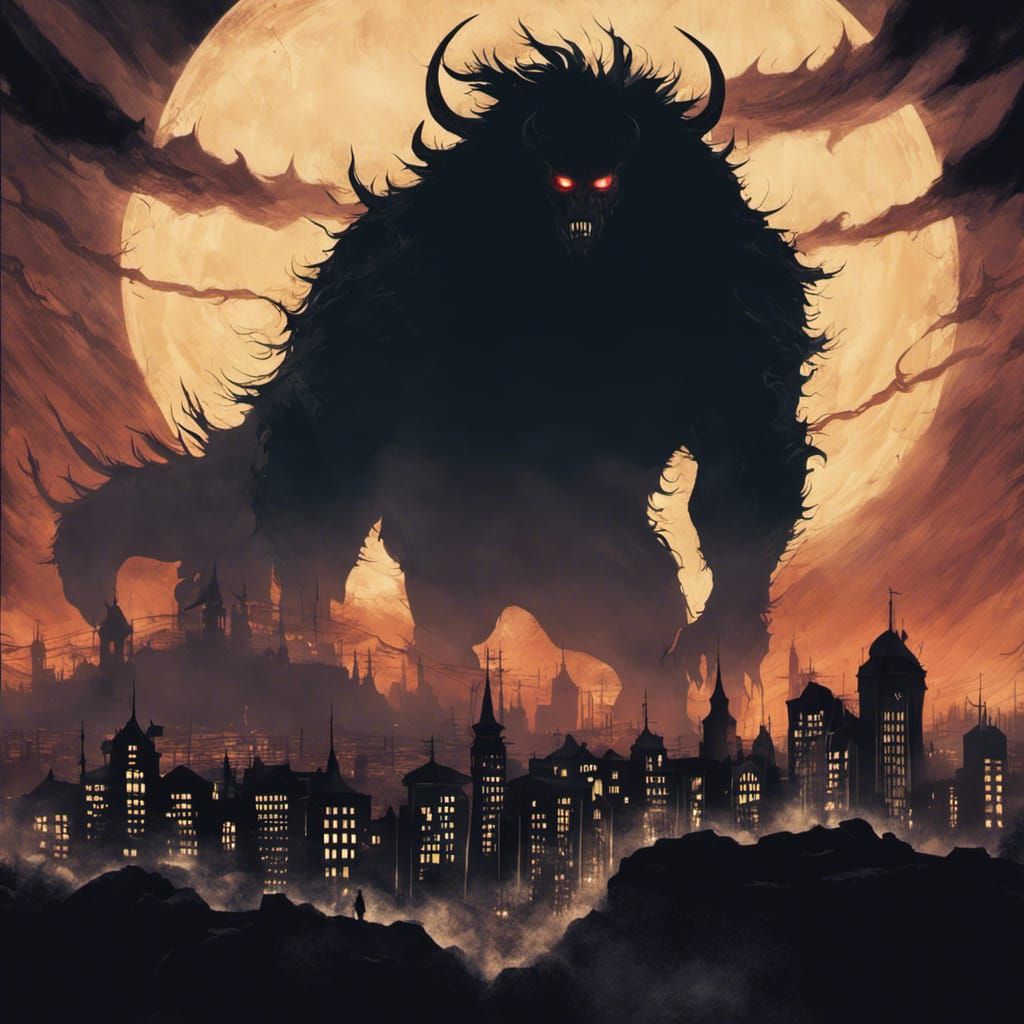 Epic Monster Silhouette Over Moonlit City