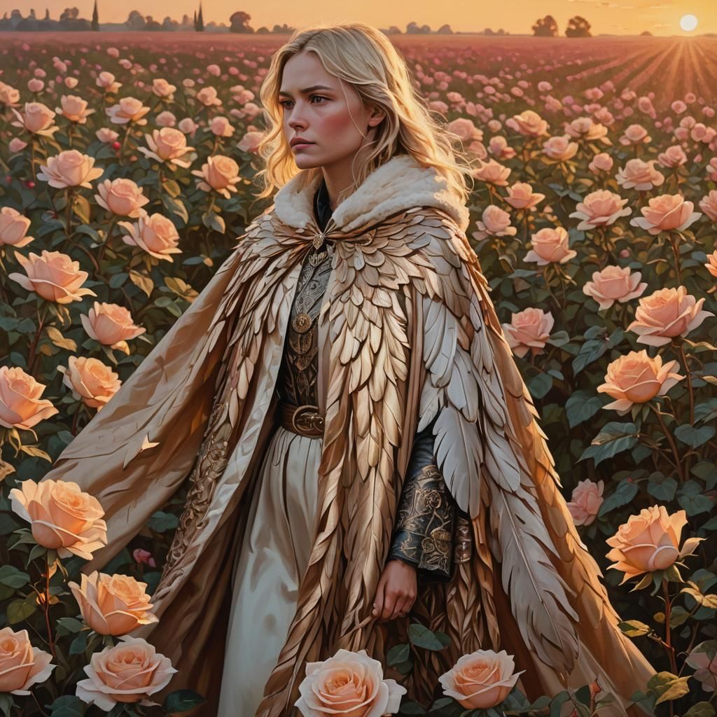 Woman in Falcon Cloak in Rose Field