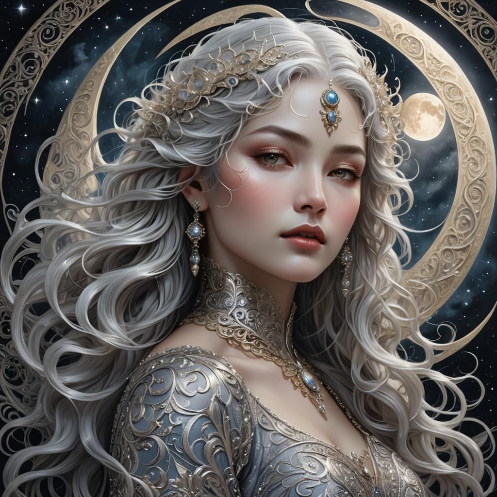 Ethereal Moon Goddess Portrait in Art Nouveau Style