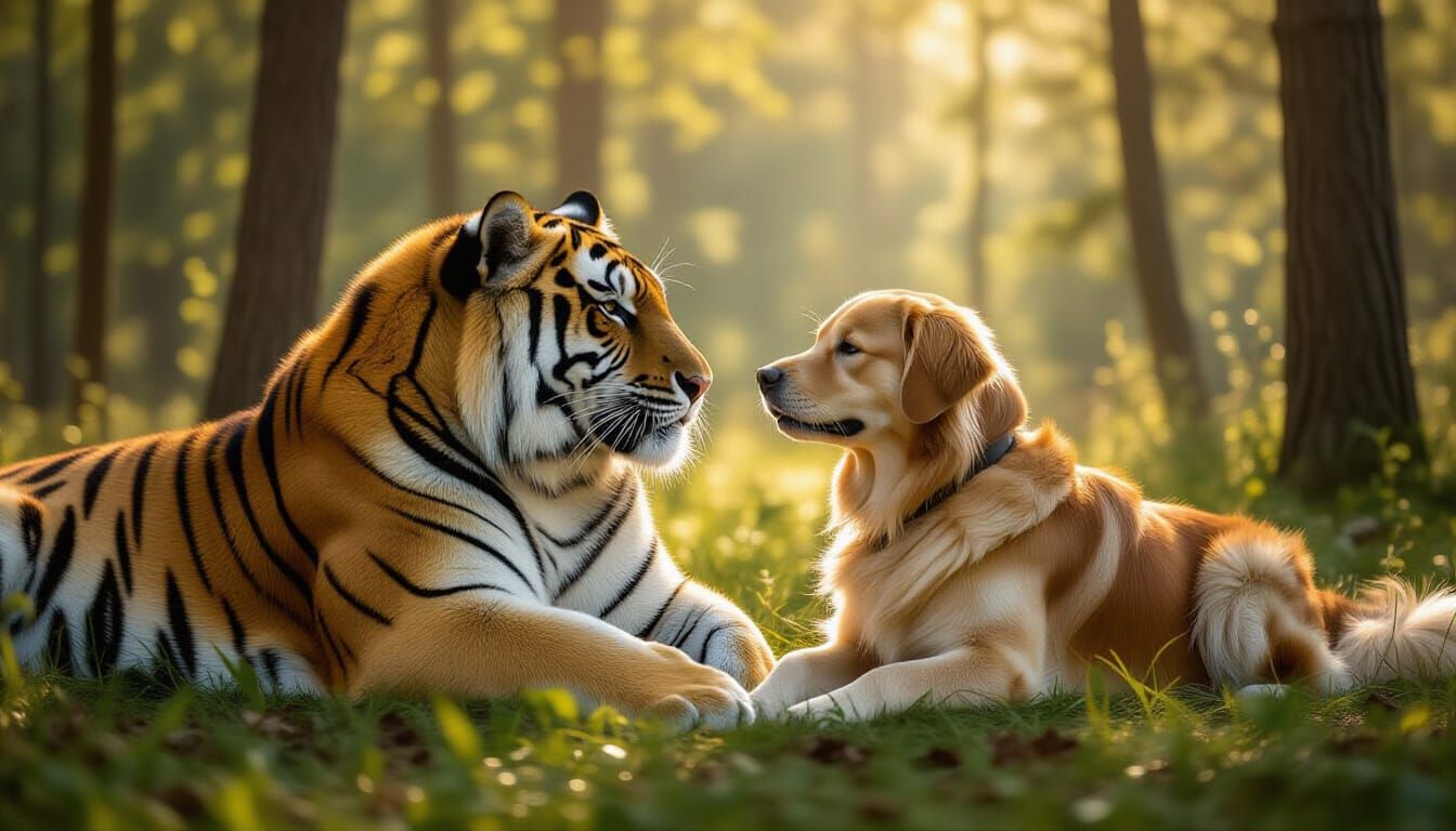 Tiger and Golden Retriever Play in Sunlit Forest