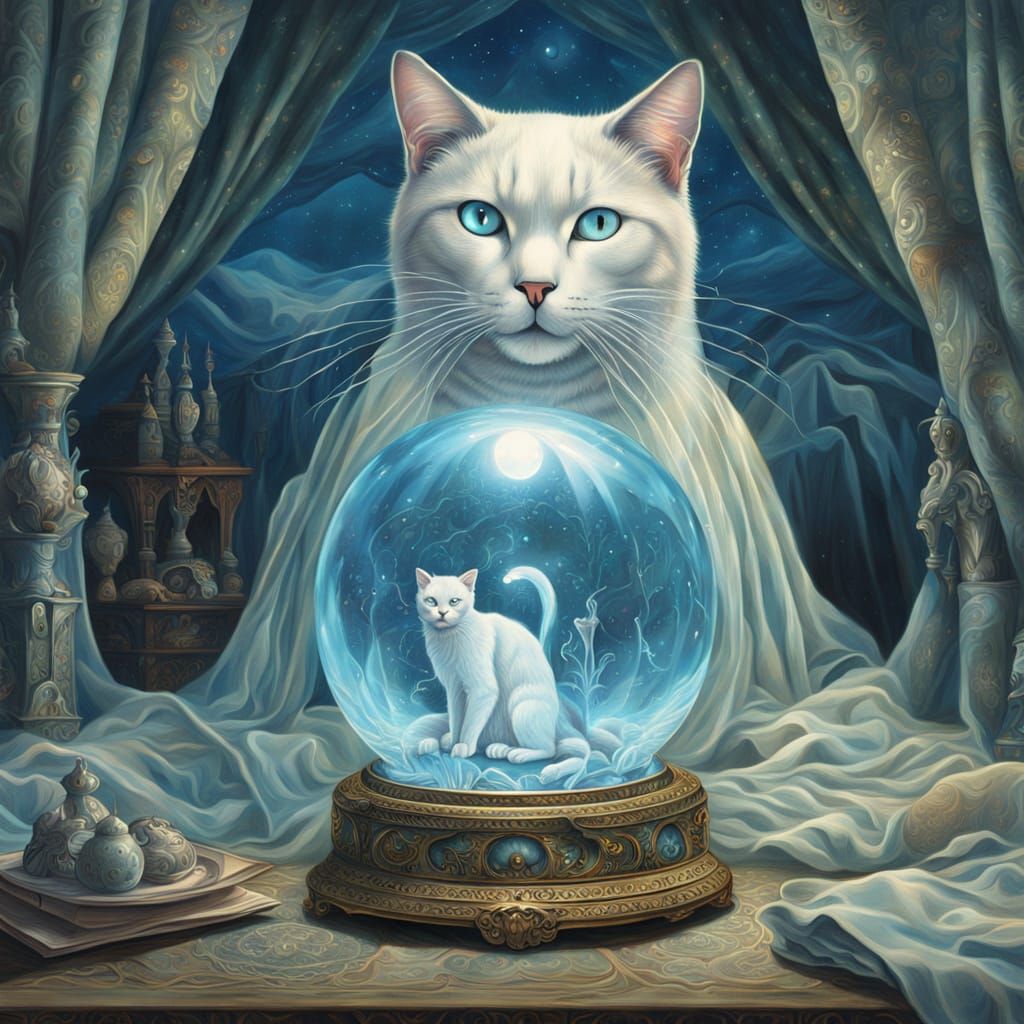 Mystic Cat with Crystal Ball: Hyperdetailed Surrealism