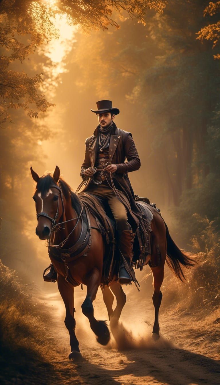 a handsome young man on horseback on a country path Unreal E...