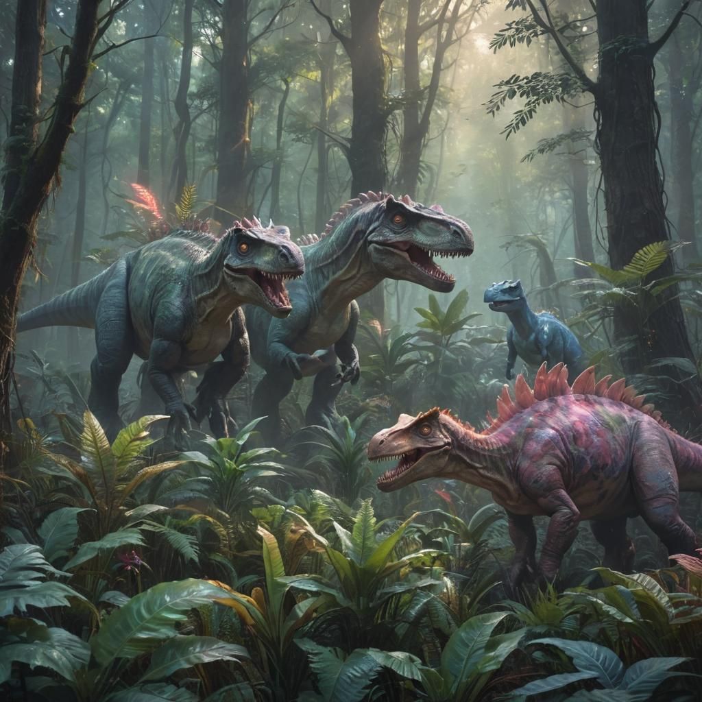 Surreal Fantasy Dinosaurs in Vibrant, Dreamlike Forest