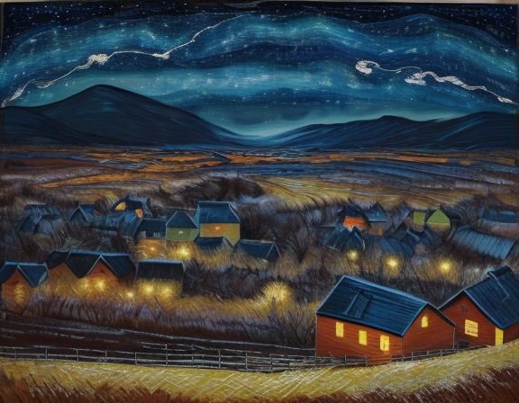 Post-Impressionist Village Under Swirling Starry Sky