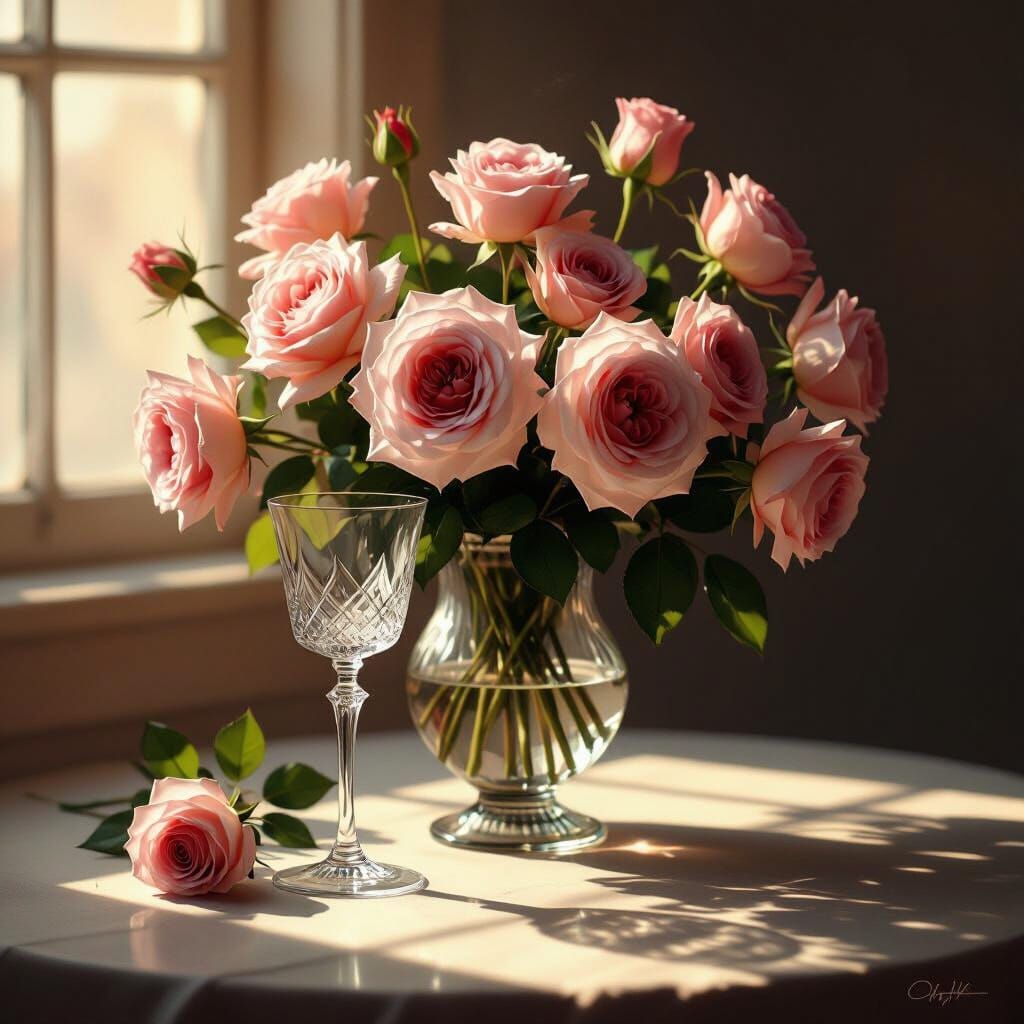 Romantic Roses and Wine Glass in Art Nouveau Style