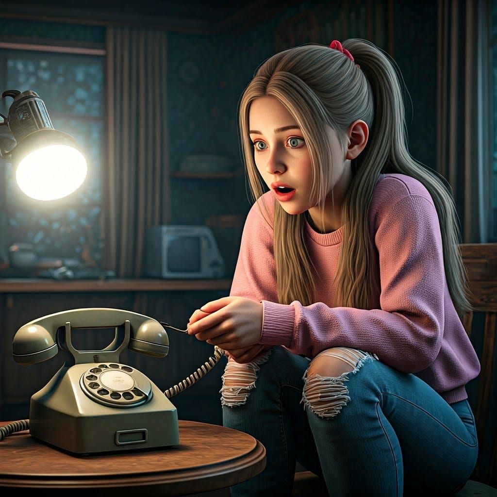 Teenager Confused by Rotary Phone, Matte Painting Style