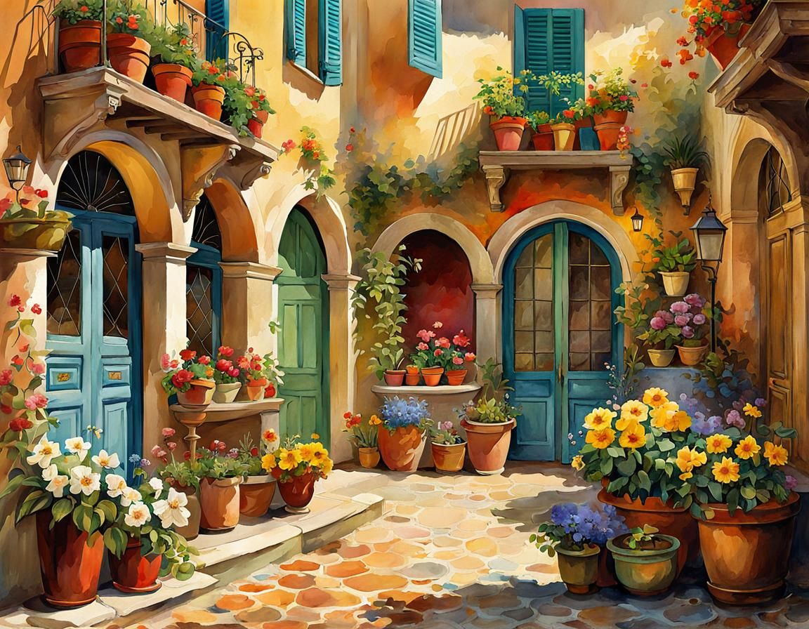 Italian Seaside Courtyard Watercolor Illustration