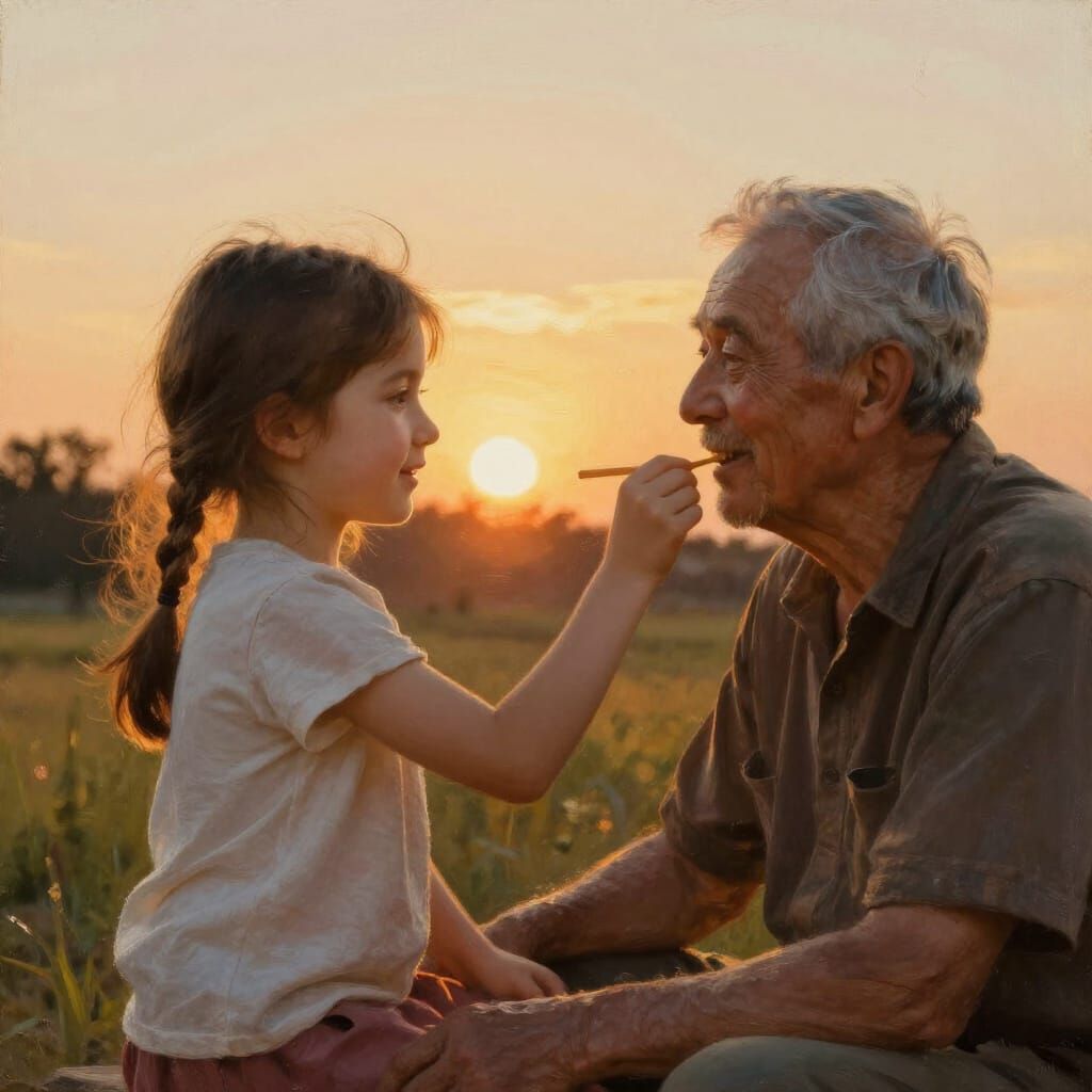 Girl Cares for Elderly Father at Golden Hour