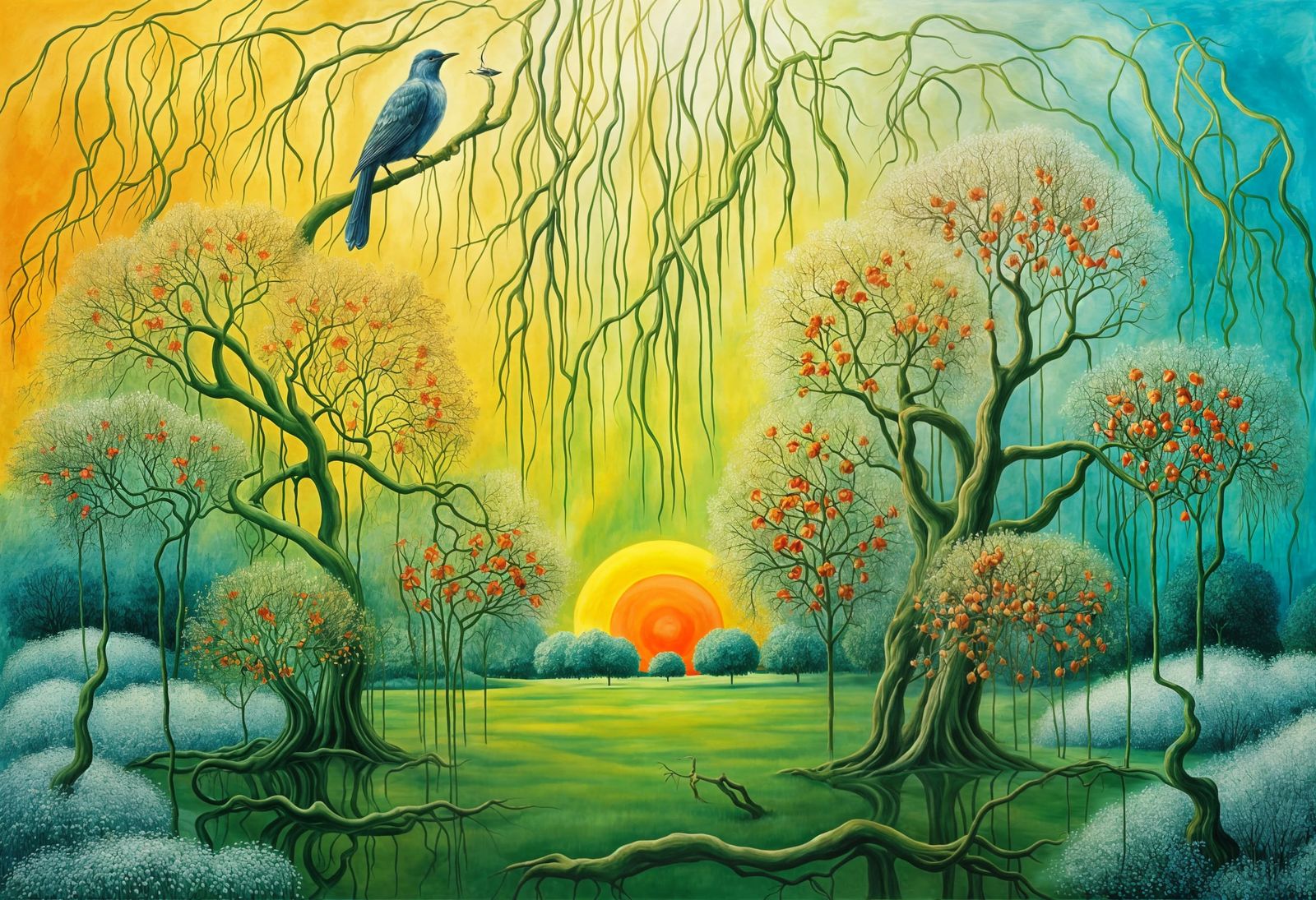 Surreal Weeping Willow Garden: Dali and Magritte