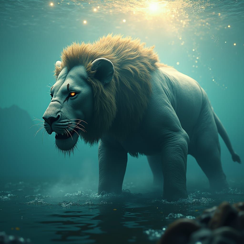 Majestic Lion-Elephant-Whale Hybrid in a Mystical Realm