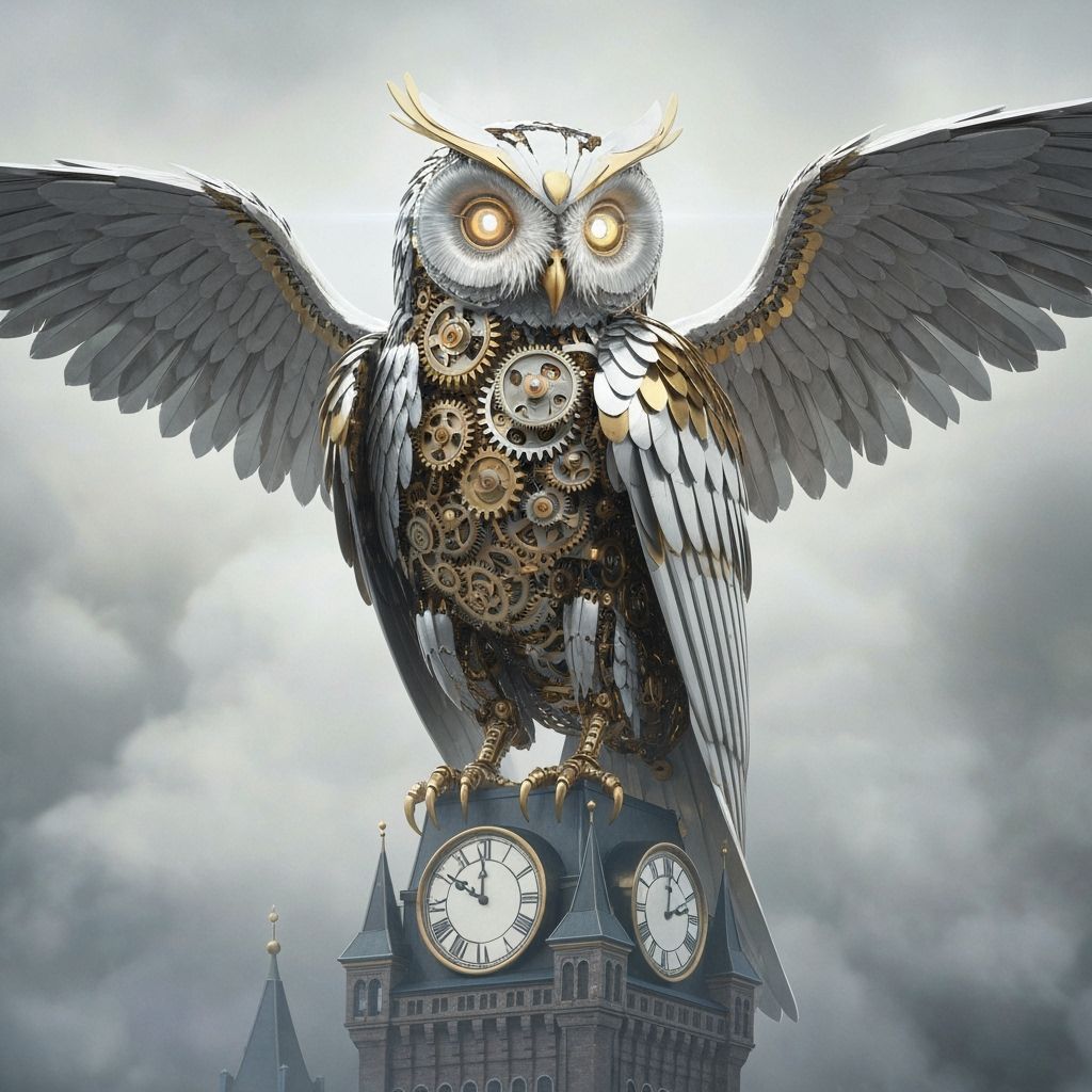 Mechanical Owl Perched Atop Clock Tower