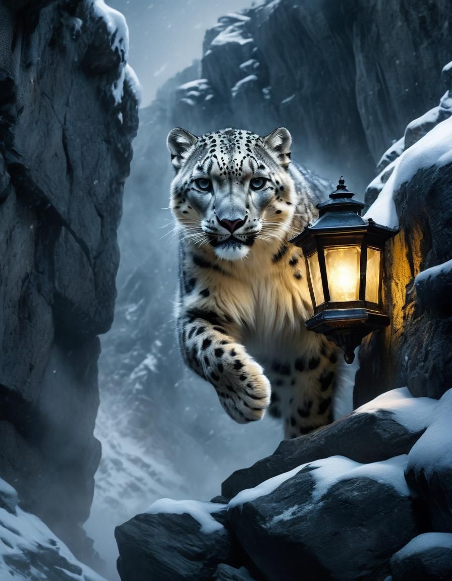Snow Leopard Leap in Misty Dungeon, Mythical Realism