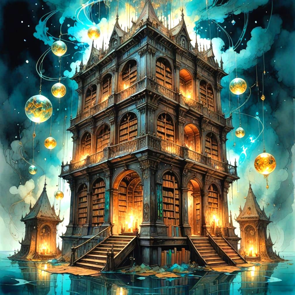 Wizard's Library in Floating Citadel: Watercolour Art