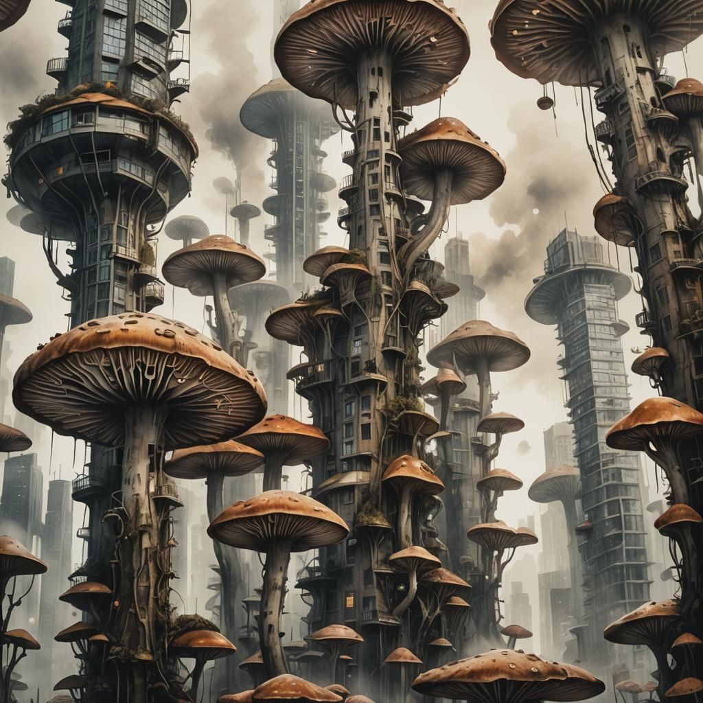 Mushroom Cityscape in Ink Wash Illustration Style