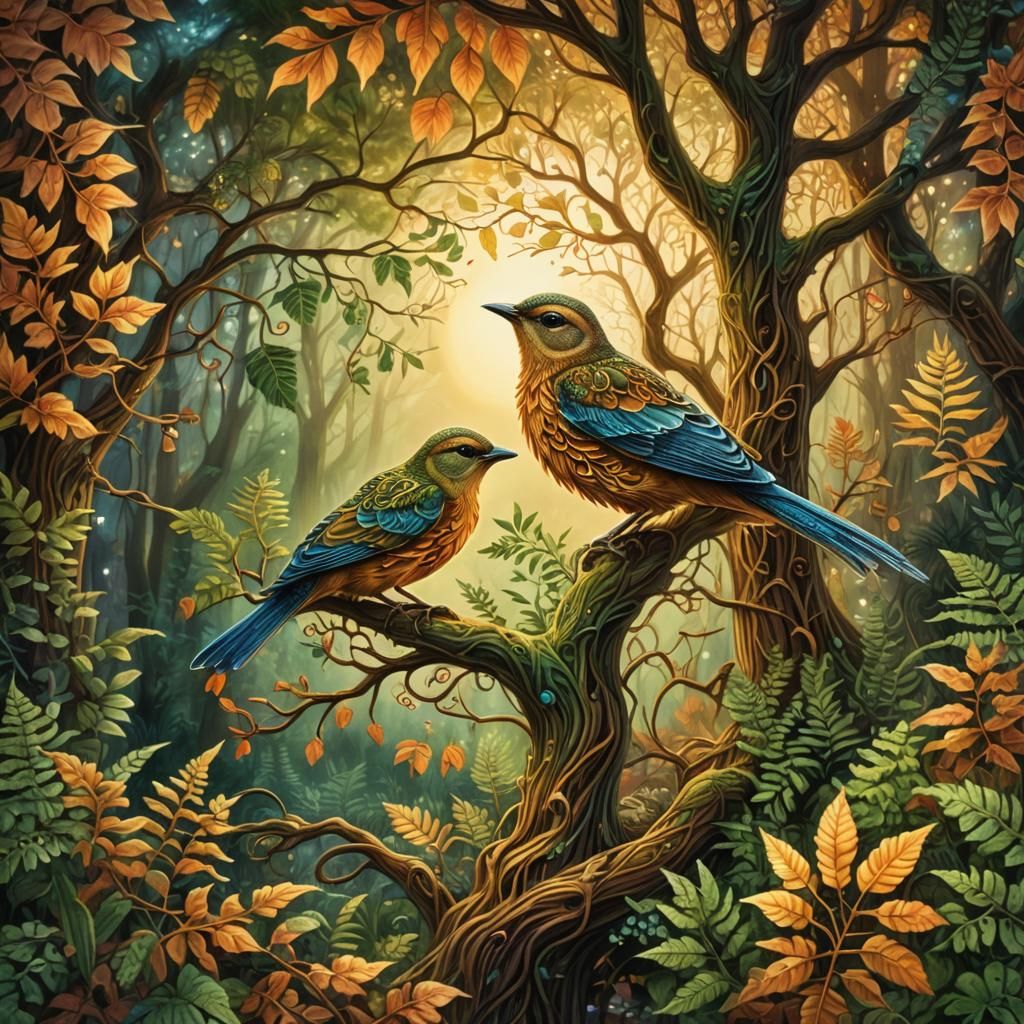 Autumn Bird in Fantasy Landscape, Romantic Style