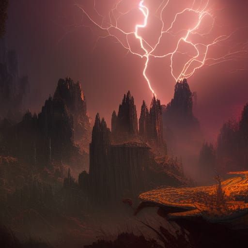 Dramatic Nighttime Lightning Storm in Detailed Matte Paintin...