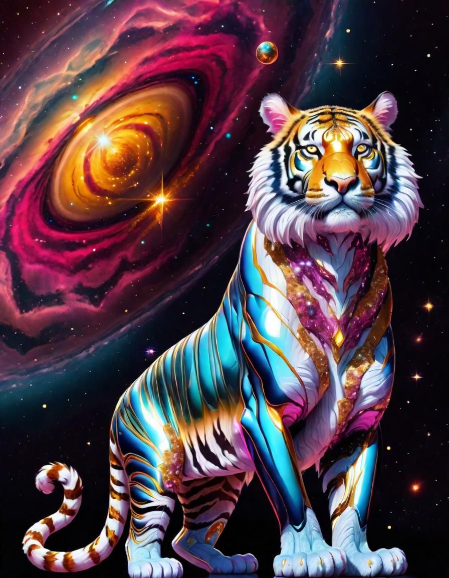 Ornate Alien Tiger in Nebula with Gemstones
