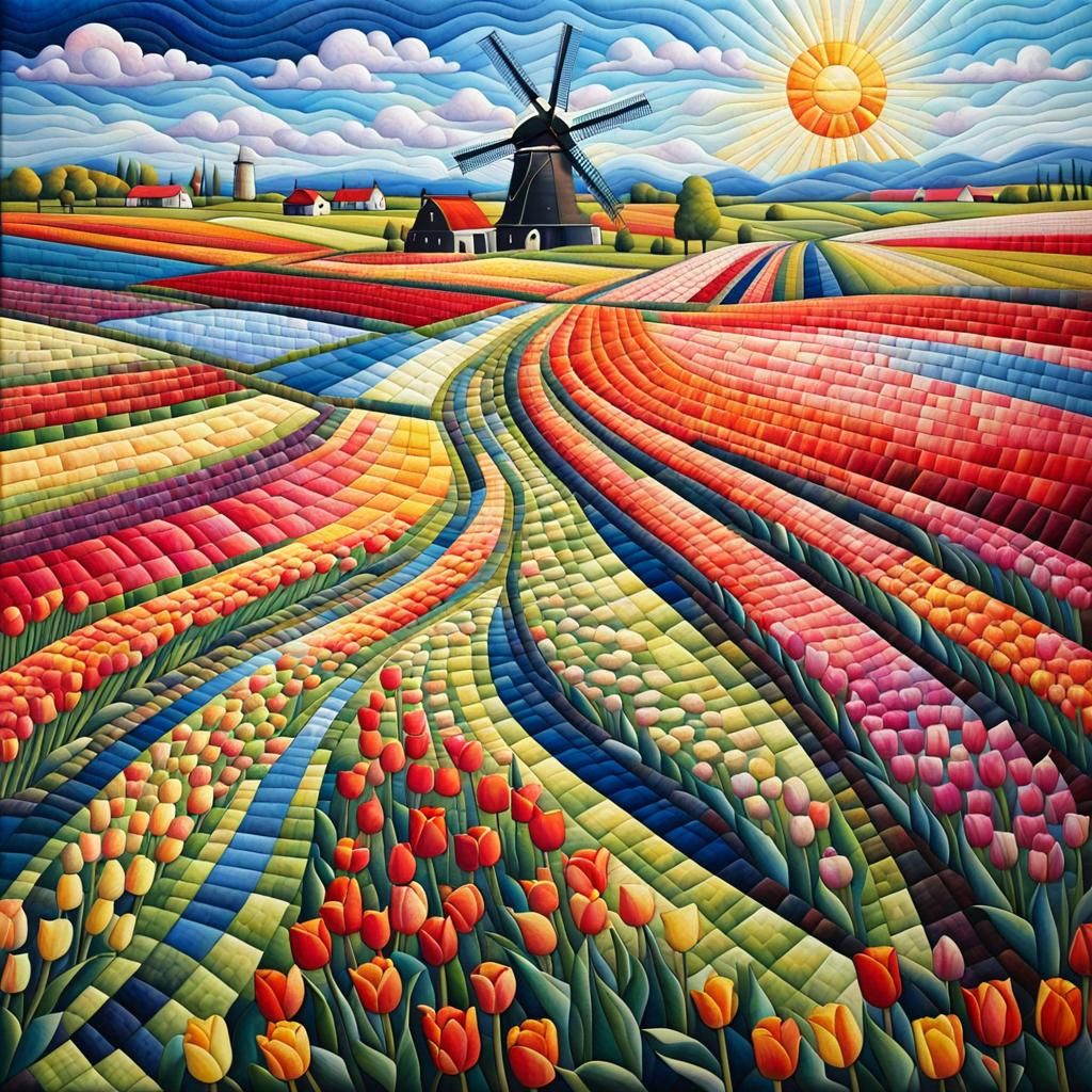 Quilted Tulip Field with Windmill in Vivid Colors