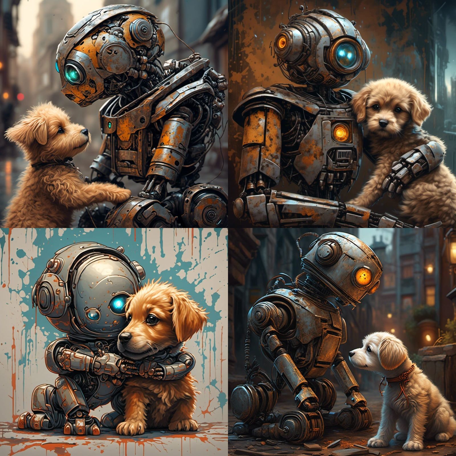 Robot's Gentle Embrace: Lantern Eyes and Puppy Love