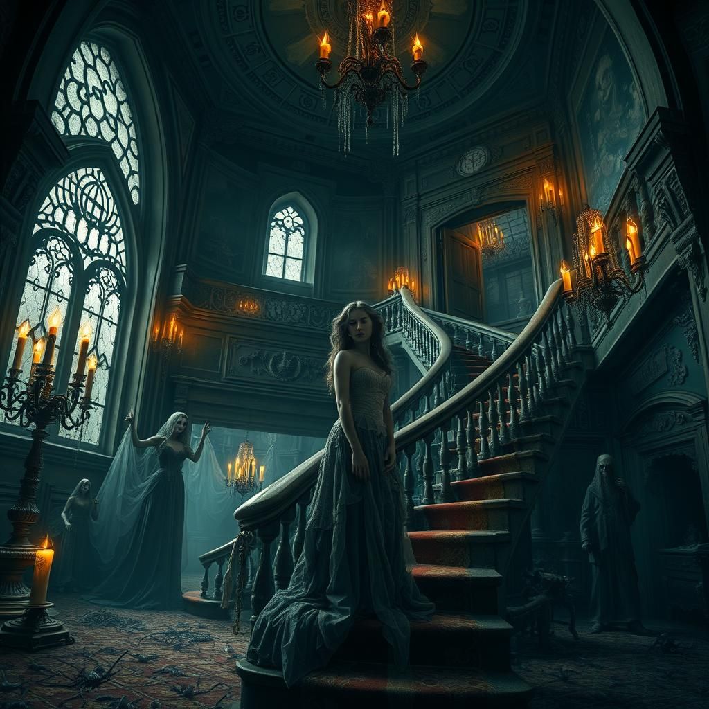 Eerie Victorian Mansion Scene with Ghosts and Zombies