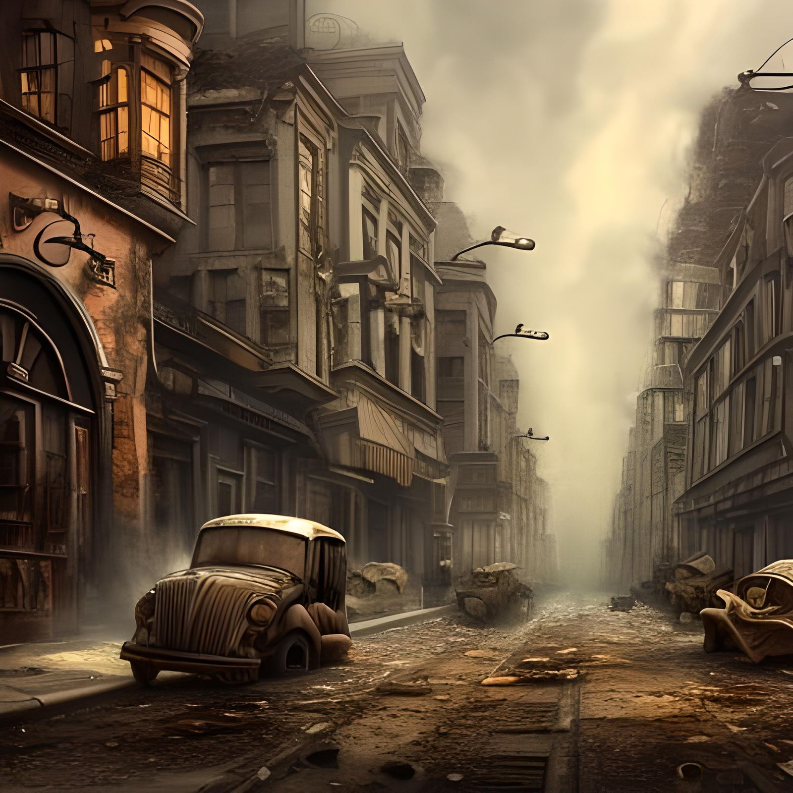 Abandoned Post-Apocalyptic City Street with Steampunk Engine
